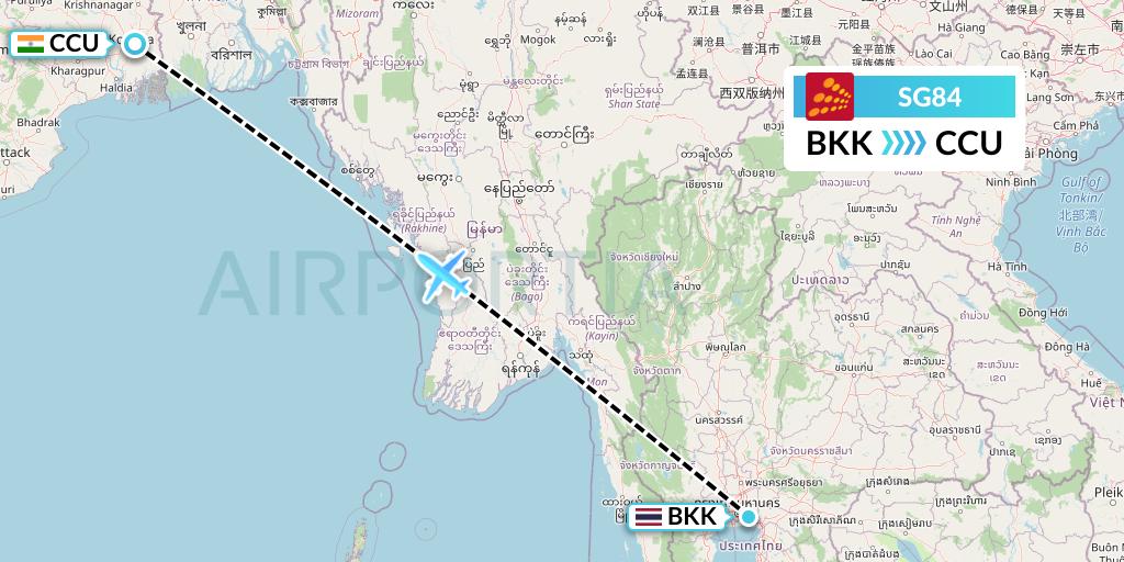 SG84 SpiceJet Flight Map: Bangkok to Kolkata