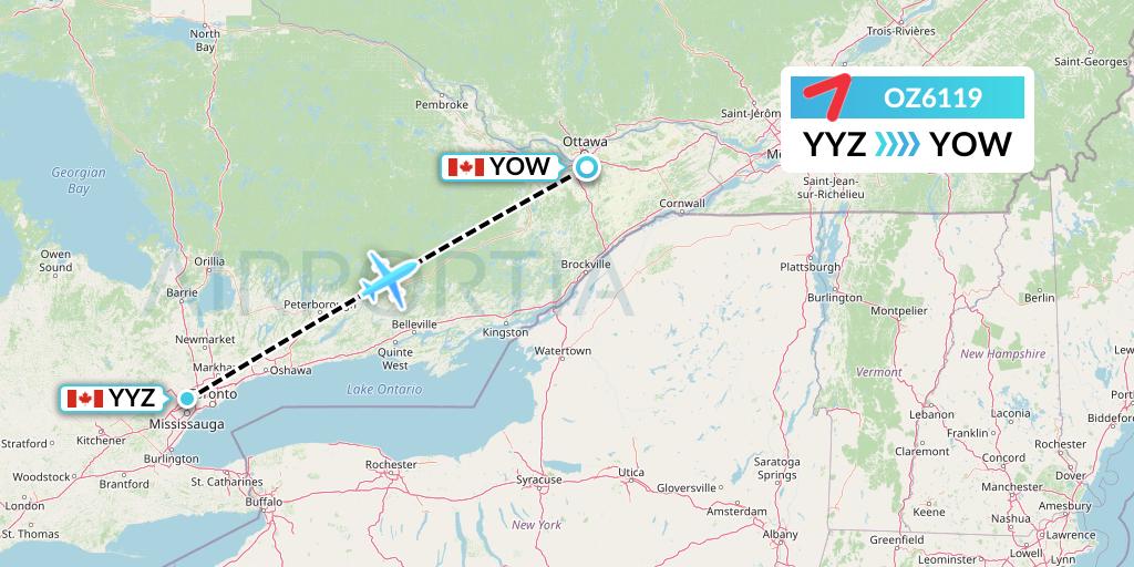 OZ6119 Asiana Airlines Flight Map: Toronto to Ottawa