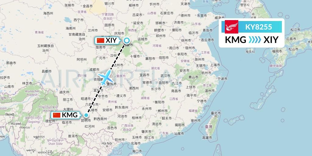KY8255 Kunming Airlines Flight Map: Kunming to Xi'an