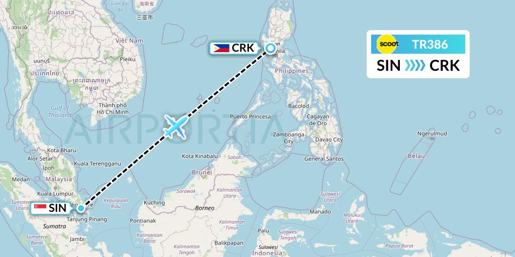 TR386 Tigerair Flight Map: Singapore to Angeles City