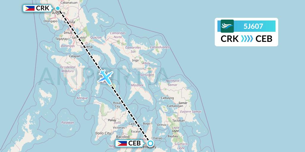5J607 CEBU Pacific Air Flight Map: Angeles City to Cebu