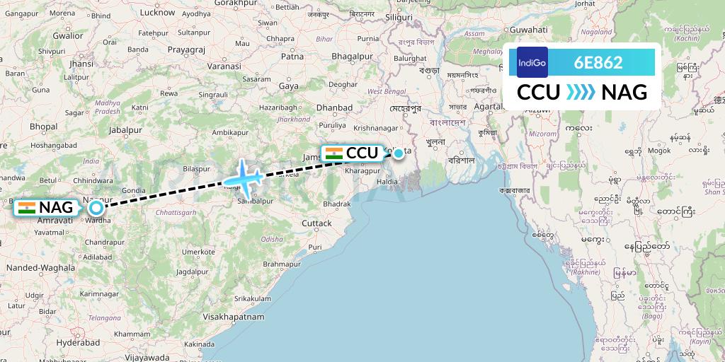 6E862 IndiGo Airlines Flight Map: Kolkata to Nagpur