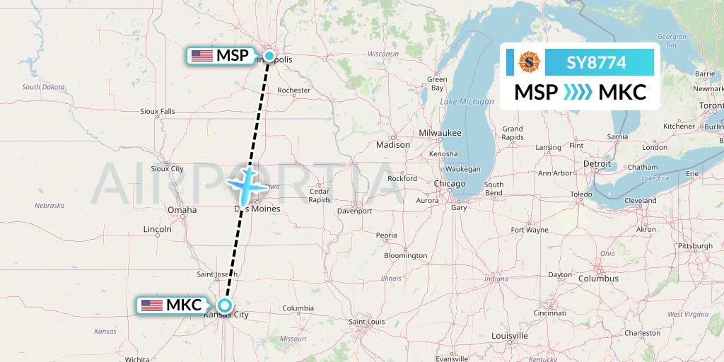SY8774 Sun Country Airlines Flight Map: Minneapolis to Kansas City