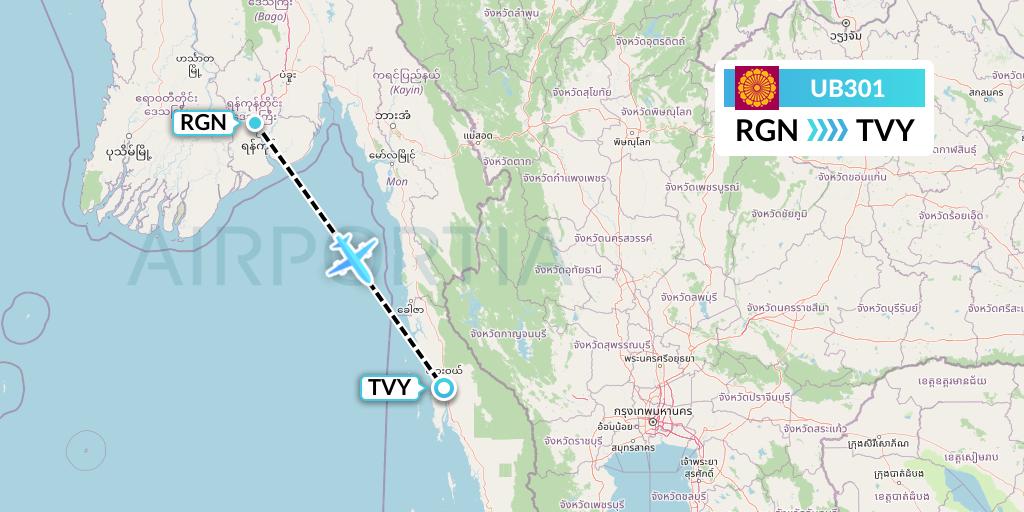 UB301 Myanmar National Airlines Flight Map: Yangon to Dawei