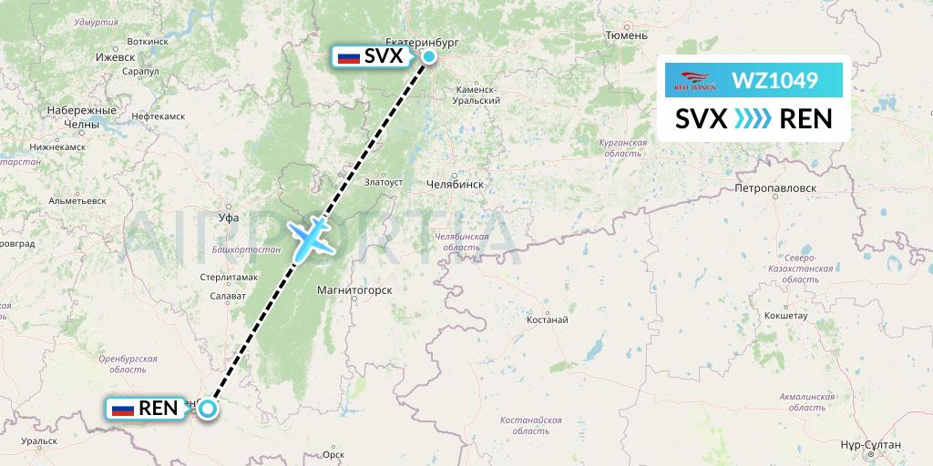 WZ1049 Red Wings Flight Map: Yekaterinburg to Orenburg