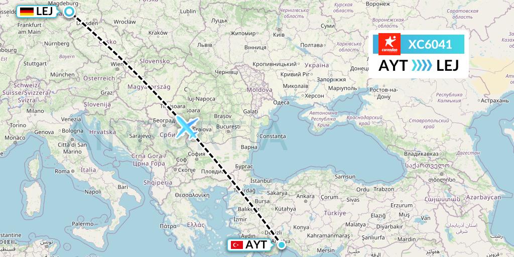 XC6041 Corendon Airlines Flight Map: Antalya to Leipzig