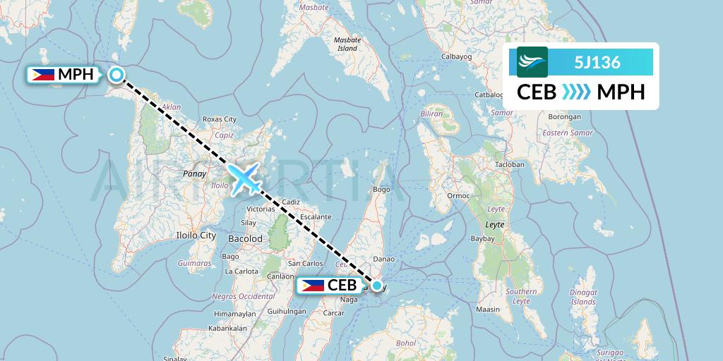 5J136 CEBU Pacific Air Flight Map: Cebu to Caticlan
