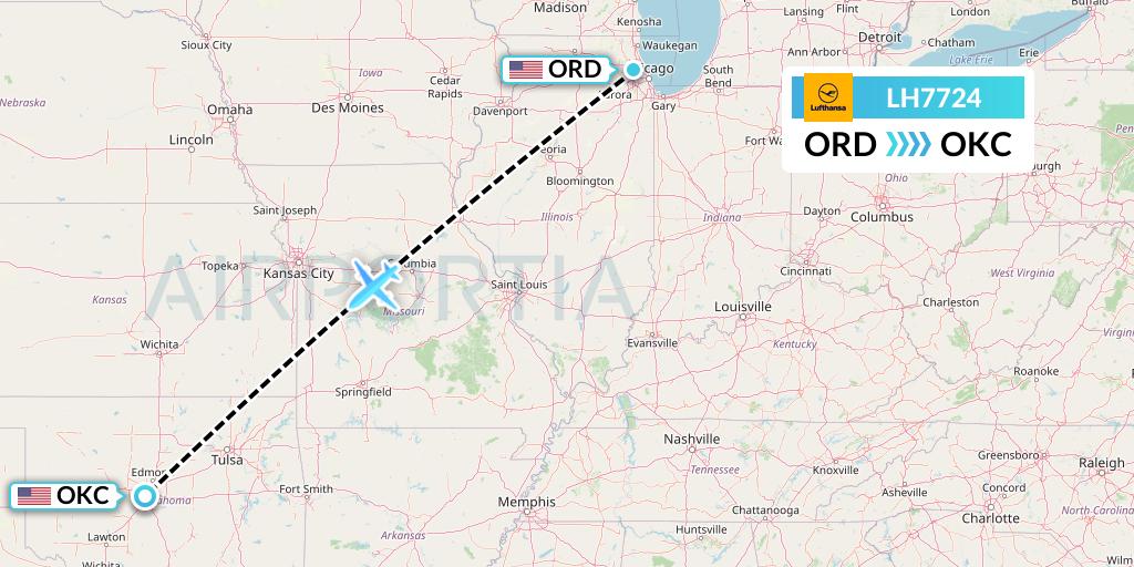 LH7724 Lufthansa Flight Map: Chicago to Oklahoma City