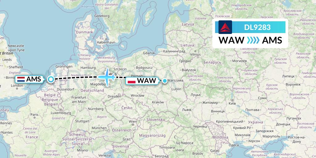 DL9283 Delta Air Lines Flight Map: Warsaw to Amsterdam