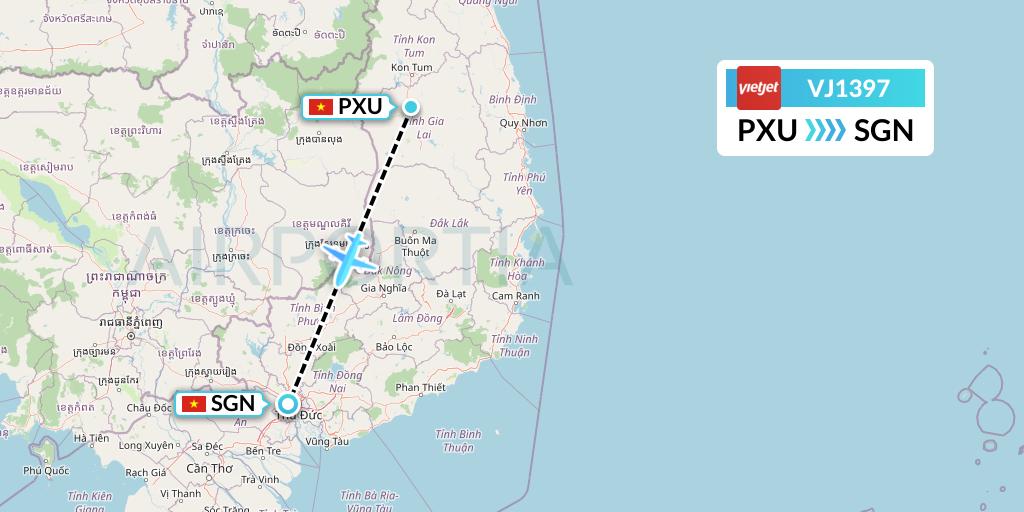 VJ1397 VietJet Air Flight Map: Pleiku to Ho Chi Minh City