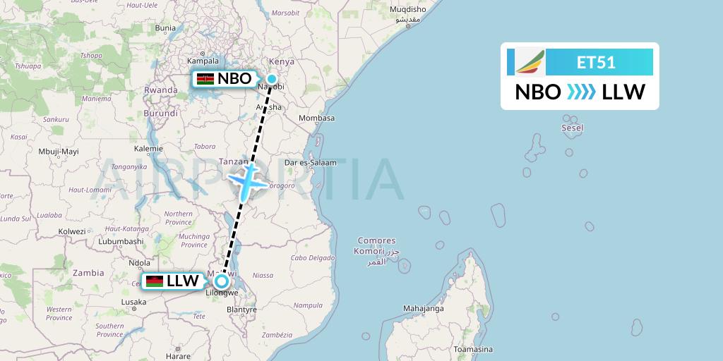ET51 Ethiopian Airlines Flight Map: Nairobi to Lilongwe