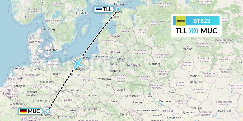 BT823 Air Baltic Flight Map: Tallinn to Munich