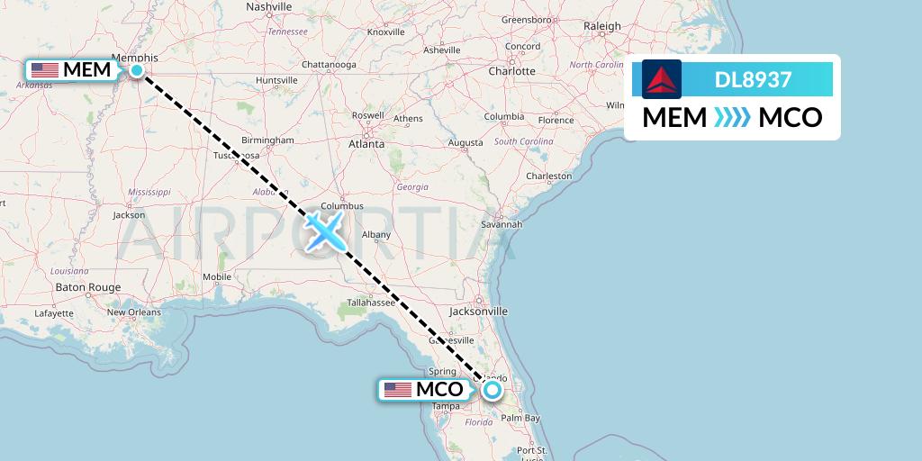 DL8937 Delta Air Lines Flight Map: Memphis to Orlando