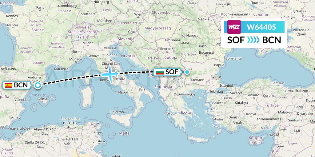 W64405 Wizz Air Flight Map: Sofia to Barcelona