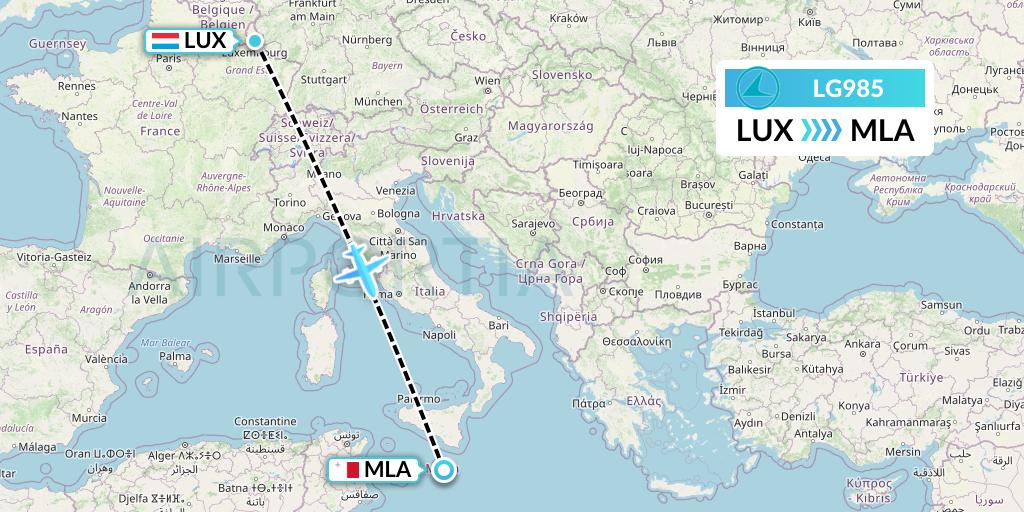 LG985 Luxair Flight Map: Luxembourg to Malta