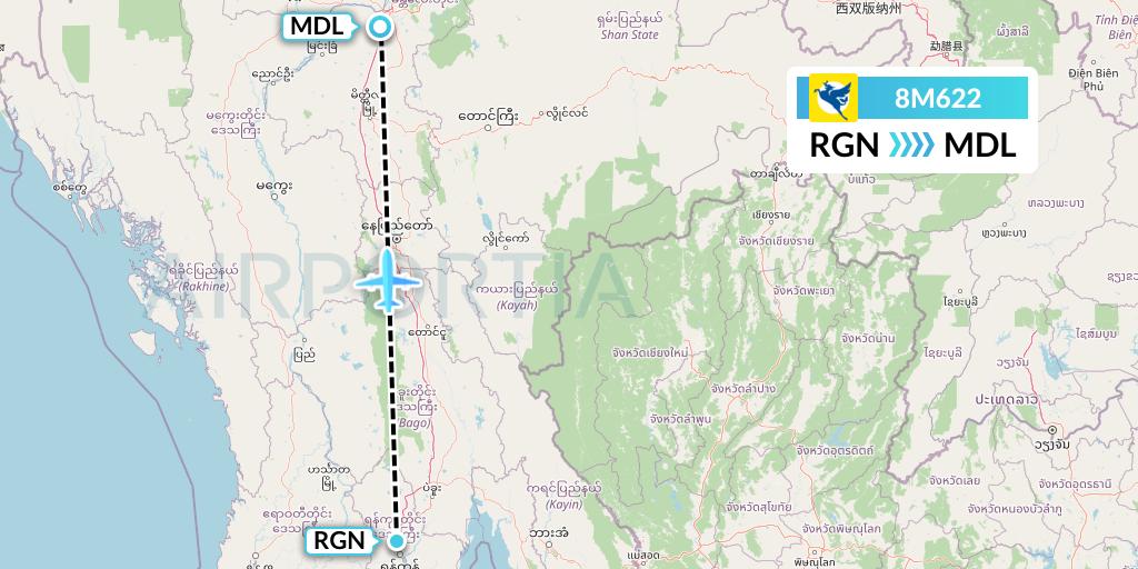 8M622 Myanmar Airways International Flight Map: Yangon to Mandalay
