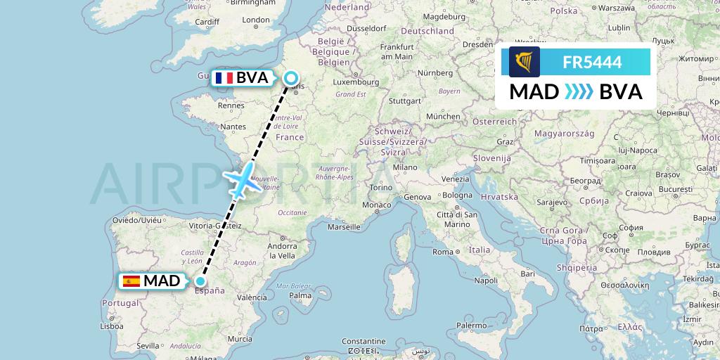FR5444 Ryanair Flight Map: Madrid to Paris