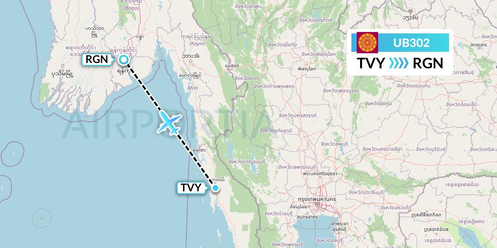 UB302 Myanmar National Airlines Flight Map: Dawei to Yangon