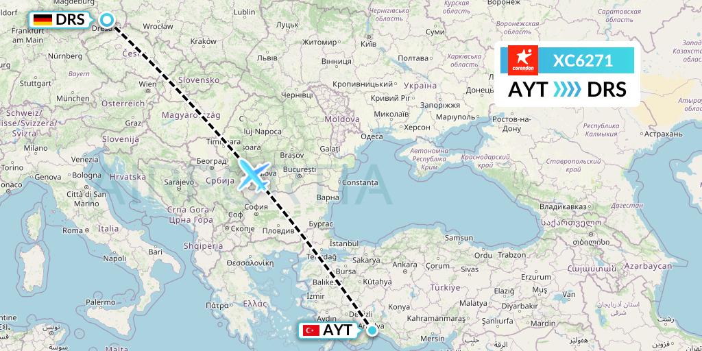 XC6271 Corendon Airlines Flight Map: Antalya to Dresden
