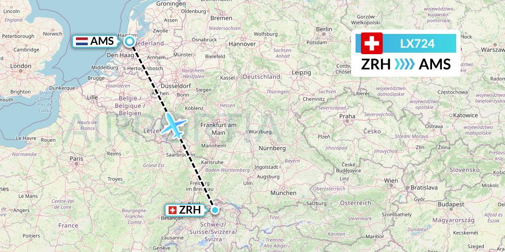 LX724 Swiss Flight Map: Zurich to Amsterdam