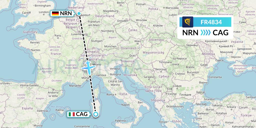 FR4834 Ryanair Flight Map: Weeze to Cagliari