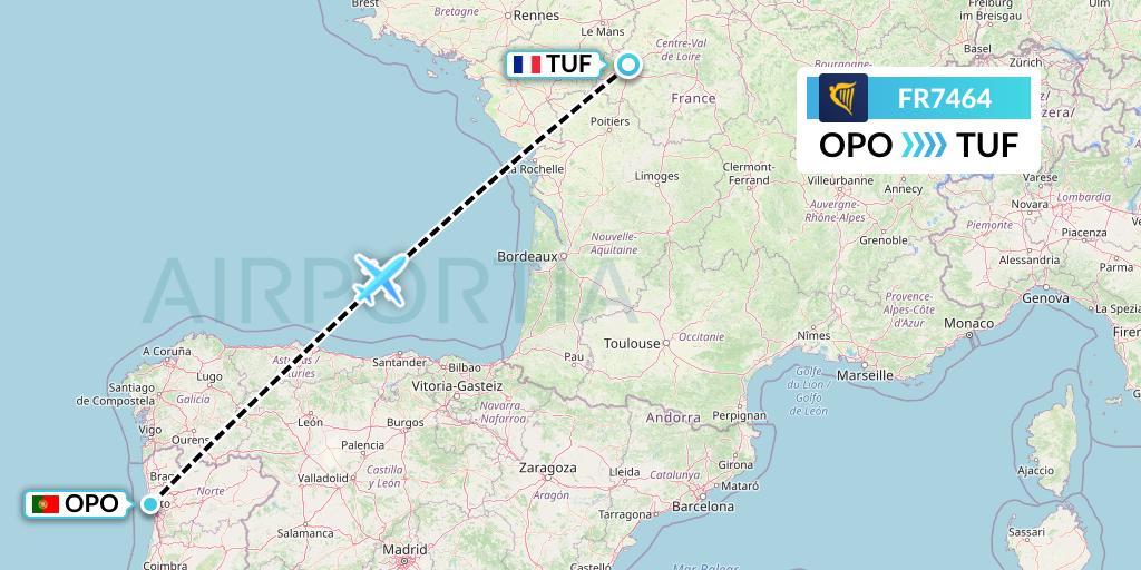 FR7464 Ryanair Flight Map: Porto to Tours