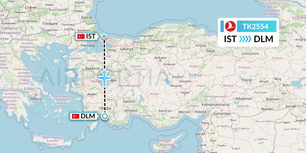 TK2554 Turkish Airlines Flight Map: Istanbul to Dalaman