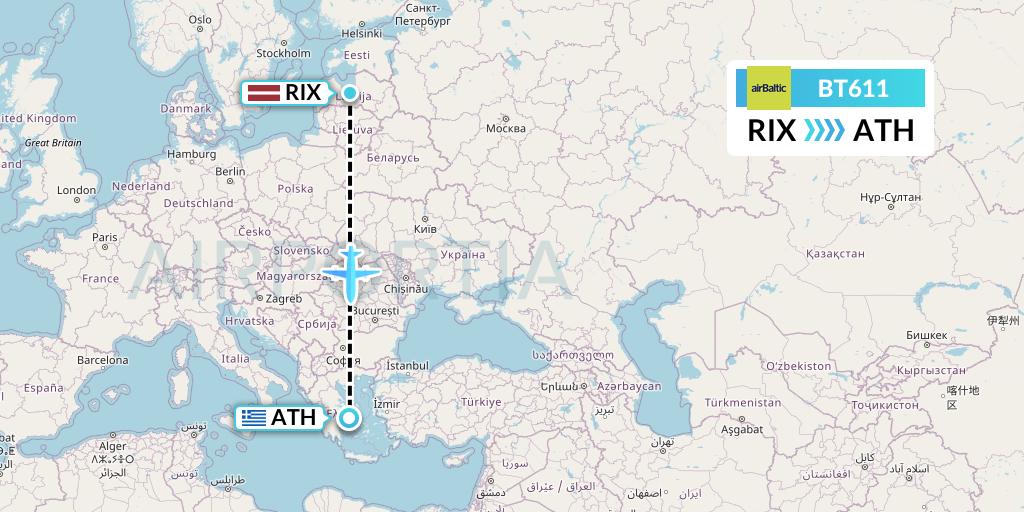 BT611 Air Baltic Flight Map: Riga to Athens