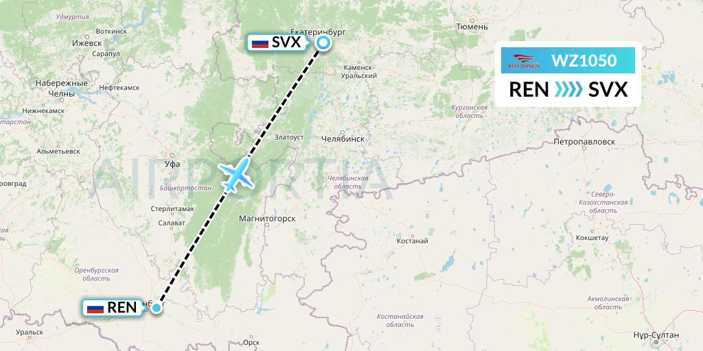 WZ1050 Red Wings Flight Map: Orenburg to Yekaterinburg