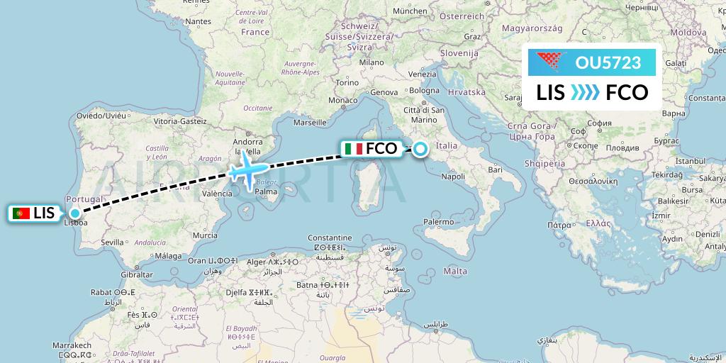 OU5723 Croatia Airlines Flight Map: Lisbon to Rome