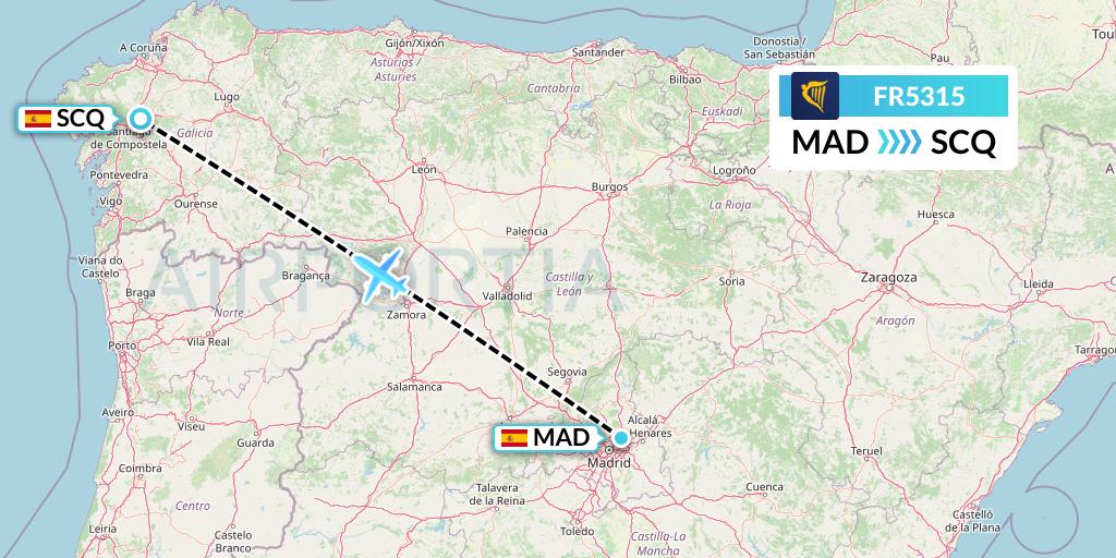FR5315 Ryanair Flight Map: Madrid to Santiago
