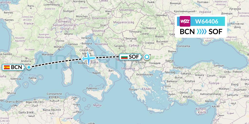 W64406 Wizz Air Flight Map: Barcelona to Sofia