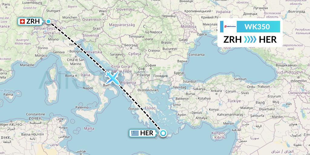 WK350 Edelweiss Air Flight Map: Zurich to Heraklion
