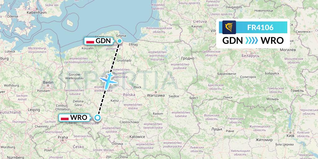 FR4106 Ryanair Flight Map: Gdansk to Wroclaw