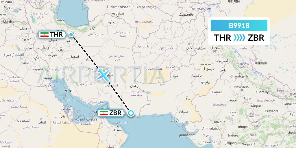 B9918 Iran Air Tours Flight Map: Tehran to Chabahar