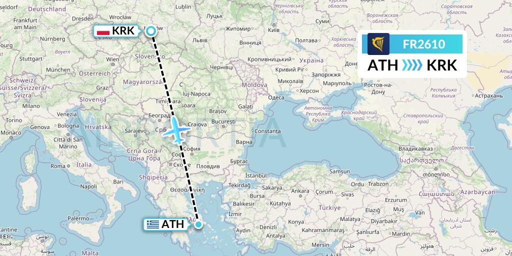 FR2610 Ryanair Flight Map: Athens to Krakow