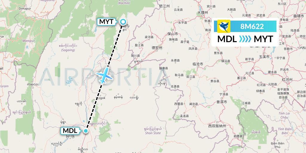 8M622 Myanmar Airways International Flight Map: Mandalay to Myitkyina