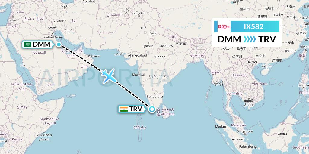 IX582 Air India Express Flight Map: Dammam to Thiruvananthapuram