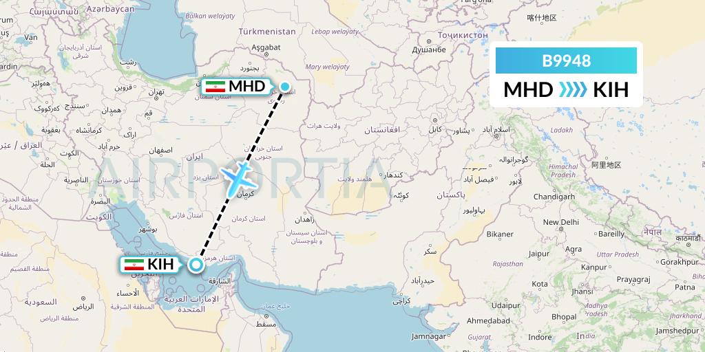B9948 Iran Air Tours Flight Map: Mashhad to Kish Island