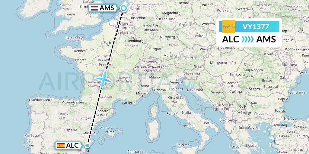 VY1377 Vueling Flight Map: Alicante to Amsterdam