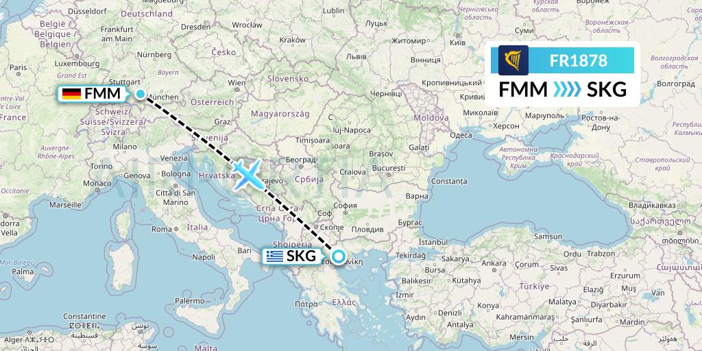 FR1878 Ryanair Flight Map: Memmingen to Thessaloniki