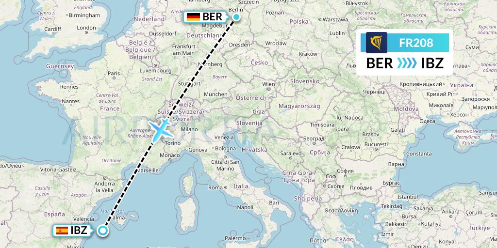 FR208 Ryanair Flight Map: Berlin to Ibiza