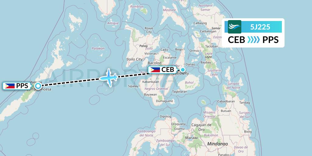 5J225 CEBU Pacific Air Flight Map: Cebu to Puerto Princesa City