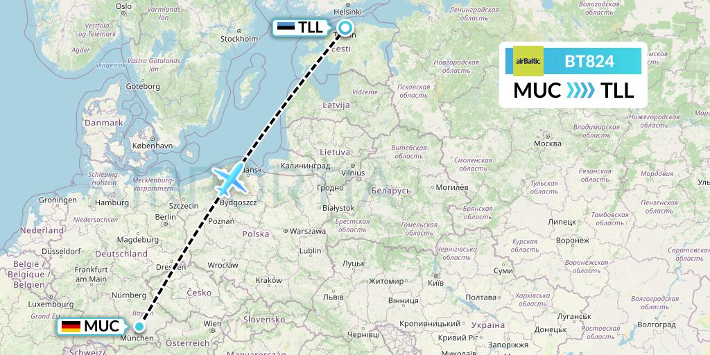 BT824 Air Baltic Flight Map: Munich to Tallinn