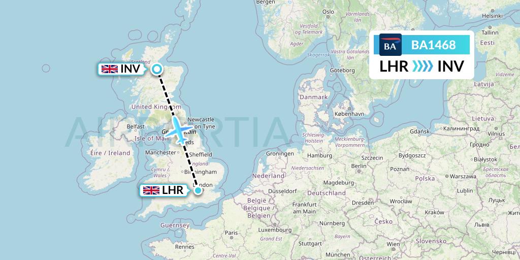 BA1468 British Airways Flight Map: London to Inverness