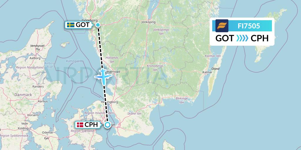 FI7505 Icelandair Flight Map: Gothenburg to Copenhagen