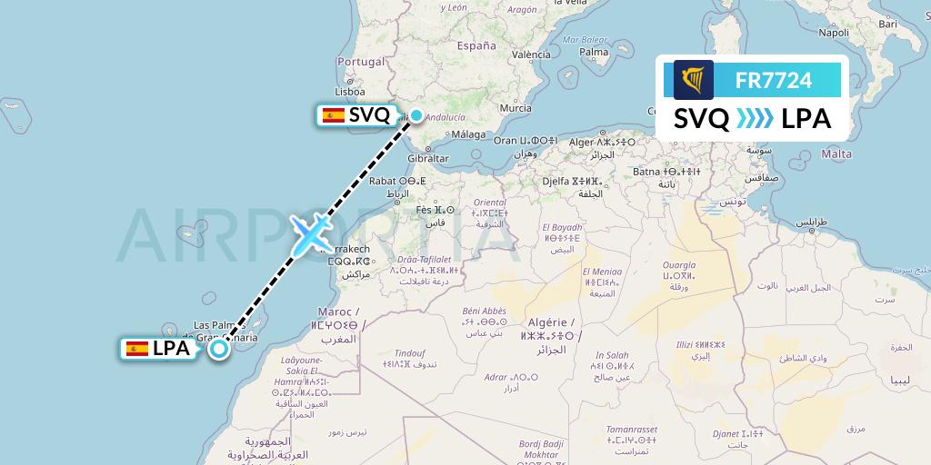 FR7724 Ryanair Flight Map: Seville to Las Palmas