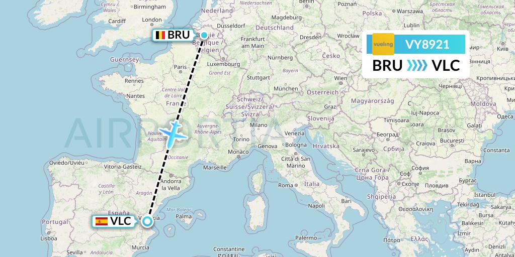 VY8921 Vueling Flight Map: Brussels to Valencia