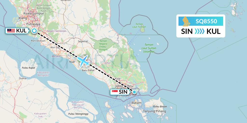 SQ8550 Singapore Airlines Flight Map: Singapore to Kuala Lumpur