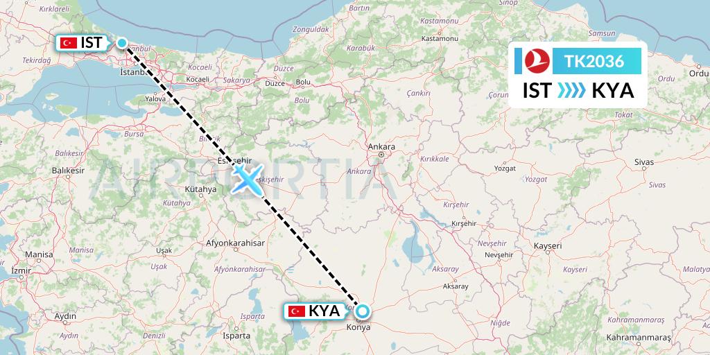 TK2036 Turkish Airlines Flight Map: Istanbul to Konya
